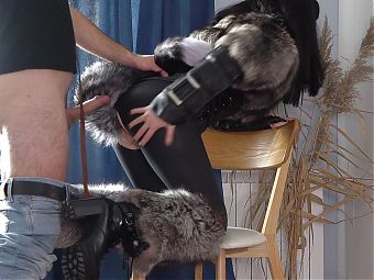 Sexy kitty plays with her sex slave. Femdom in fursuit. Furry fuck. Mistress in fur coat got fucked